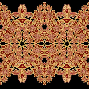 Seamless modeli yatay kenarlık. Altın dokulu bukleler. Parlak dantel, stilize çiçekler. Narin, altın arka plan, Paisley dokuma Ajur. 