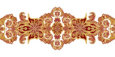 Seamless modeli yatay kenarlık. Altın dokulu bukleler. Parlak dantel, stilize çiçekler. Narin, altın arka plan, Paisley dokuma Ajur. 
