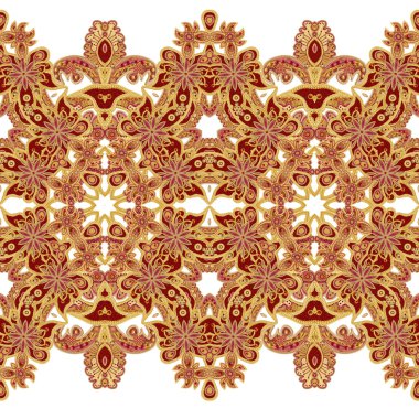 Seamless modeli yatay kenarlık. Altın dokulu bukleler. Parlak dantel, stilize çiçekler. Narin, altın arka plan, Paisley dokuma Ajur. 