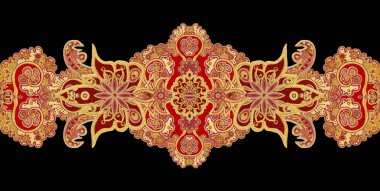 Seamless modeli yatay kenarlık. Altın dokulu bukleler. Parlak dantel, stilize çiçekler. Narin, altın arka plan, Paisley dokuma Ajur. 