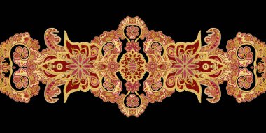 Seamless modeli yatay kenarlık. Altın dokulu bukleler. Parlak dantel, stilize çiçekler. Narin, altın arka plan, Paisley dokuma Ajur. 