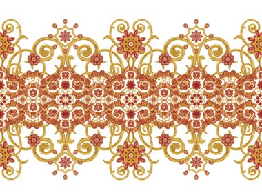 Seamless modeli yatay kenarlık. Altın dokulu bukleler. Parlak dantel, stilize çiçekler. Narin, altın arka plan, Paisley dokuma Ajur. 