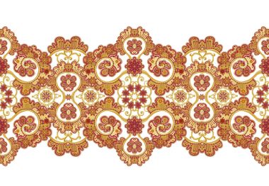 Seamless modeli yatay kenarlık. Altın dokulu bukleler. Parlak dantel, stilize çiçekler. Narin, altın arka plan, Paisley dokuma Ajur. 
