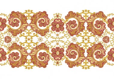 Seamless modeli yatay kenarlık. Altın dokulu bukleler. Parlak dantel, stilize çiçekler. Narin, altın arka plan, Paisley dokuma Ajur. 