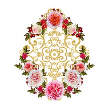 Altın dokulu bukleler. Oryantal tarzı Arabesk. Parlak dantel, stilize çiçekler. Narin, altın arka plan, kompozisyon dokuma Ajur. Parlak kırmızı gül ve Pembe Çiçek Aranjman Çiçek.