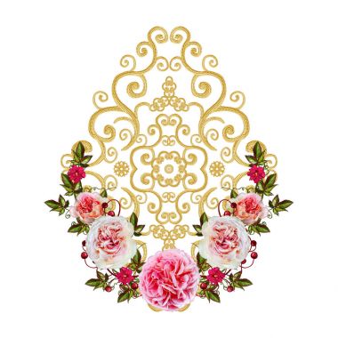 Altın dokulu bukleler. Oryantal tarzı Arabesk. Parlak dantel, stilize çiçekler. Narin, altın arka plan, kompozisyon dokuma Ajur. Parlak kırmızı gül ve Pembe Çiçek Aranjman Çiçek.