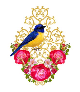 Altın dokulu bukleler. Oryantal tarzı Arabesk. Parlak dantel, stilize çiçekler. Ajur hassas dokuma. Parlak kırmızı gül ve Pembe Çiçek Aranjman Çiçek. Bir mavi kuş bir dalda oturur.