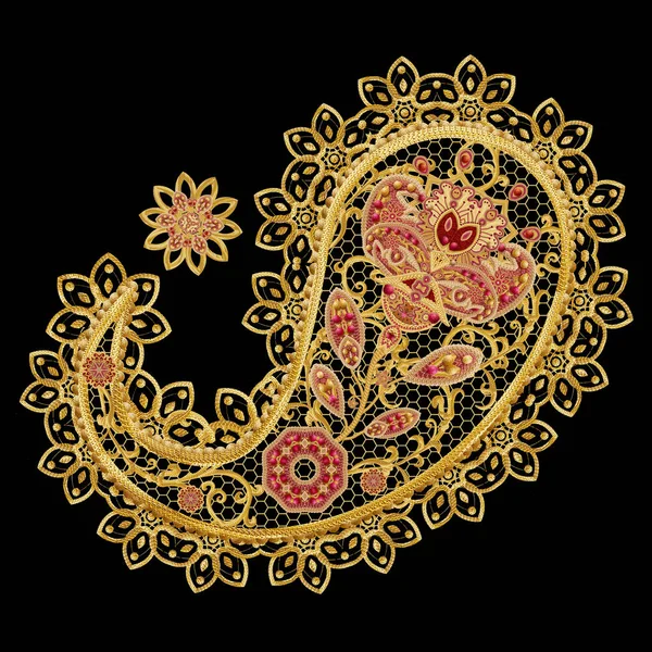 Gold Indian cucumber, paisley. Stylized flowers, openwork weaving, lace, textile packing element east design. — Stock Photo, Image