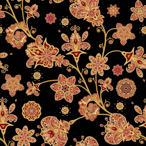 Patrón sin costuras. Rizos dorados texturizados. Encaje brillante, flores estilizadas. Calado tejido delicado, fondo dorado, Paisley . —  Fotos de Stock