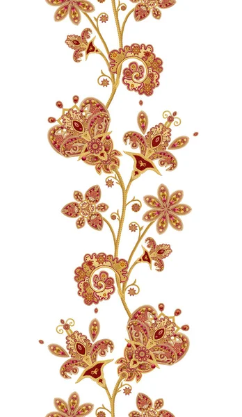 Borda padrão sem costura. Cachos texturizados dourados. Renda brilhante, flores estilizadas. Openwork tecelagem delicada, fundo dourado, Paisley . — Fotografia de Stock