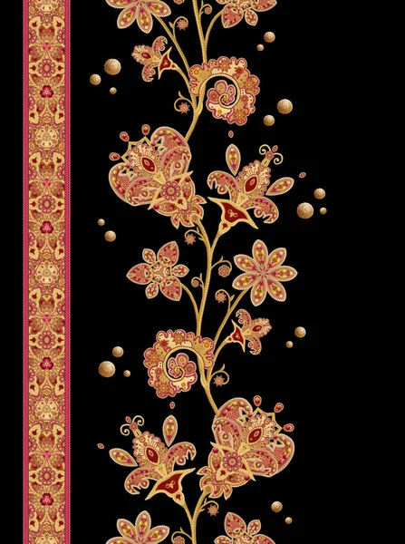 Naadloze patroon grens. Gouden getextureerde krullen. Briljante lace, gestileerde bloemen. Opengewerkte weven van fijne, gouden achtergrond, Paisley. — Stockfoto