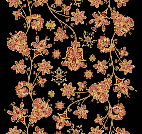 Padrão sem costura. Cachos texturizados dourados. Renda brilhante, flores estilizadas. Openwork tecelagem delicada, fundo dourado, Paisley . — Fotografia de Stock