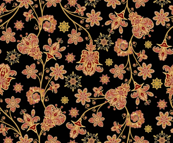 Seamless pattern. Golden textured curls. Brilliant lace, stylized flowers. Openwork weaving delicate, golden background, Paisley. — Stock Photo, Image