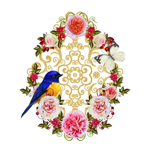 黄金の質感カール。オリエンタル スタイル アラベスク。華麗なレース、様式化された花です。繊細な織りの透かし彫り。明るい赤いバラとピンクの花のフラワーアレンジメント。青鳥が枝に座っています。. — ストック写真