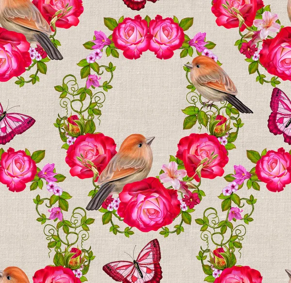 シームレスな花柄。花輪、花、明るい赤いバラ、緑の葉の花輪。小さなオレンジ色の鳥. — ストック写真