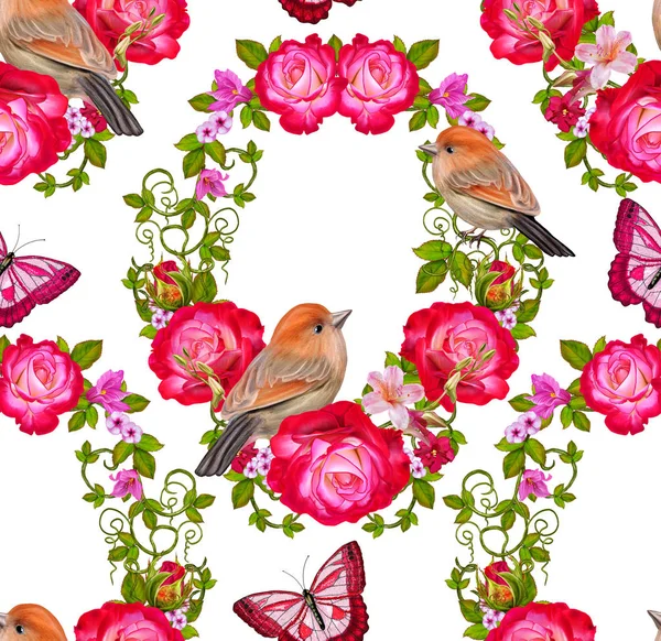 Nahtloses Blumenmuster. Kränze, Blumengirlanden, rote leuchtende Rosen, grüne Blätter. kleine orangefarbene Vögel. — Stockfoto