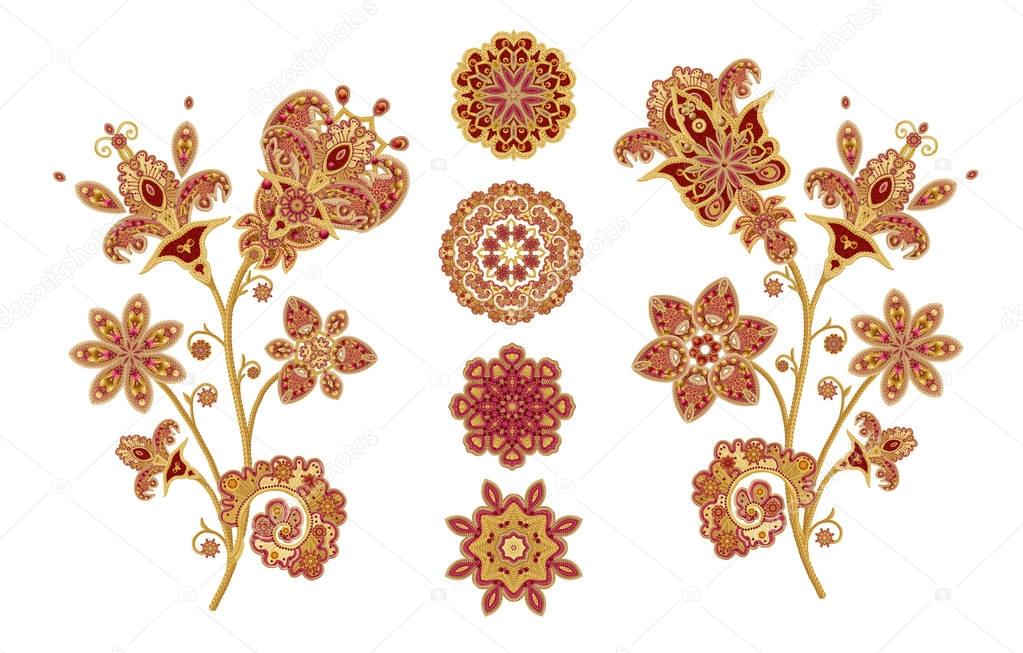 Set. Stylized golden shiny flowers on high stems, elements of paisley decor. Isolated on white background.