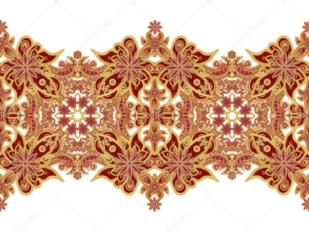 Seamless pattern horizontal border. Golden textured curls. Brilliant lace, stylized flowers. Openwork weaving delicate, golden background, Paisley. 