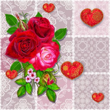 Çiçek arka plan. Seamless modeli. Eski stil, kare şekli, pastel tonu, patchwork. Garland parlak güzel kırmızı gül, hassas kalbi boncuk ve inciler ile dokulu.