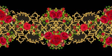 Altın dokulu bukleler. Oryantal tarzı Arabesk. Parlak dantel, stilize çiçekler. Ajur hassas dokuma. Garland karanlık kadife kırmızı gül. Yatay sorunsuz çiçek desenli.