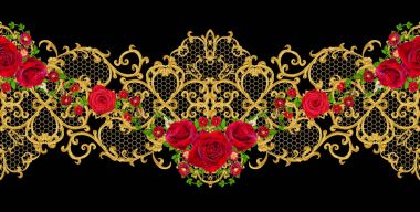 Altın dokulu bukleler. Oryantal tarzı Arabesk. Parlak dantel, stilize çiçekler. Ajur hassas dokuma. Garland karanlık kadife kırmızı gül. Yatay sorunsuz çiçek desenli.
