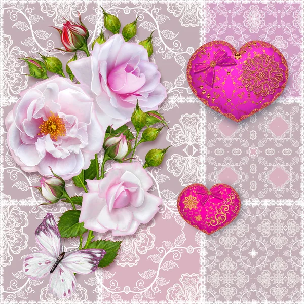 Blommig bakgrund. Seamless mönster. Gammal stil, kvadratisk form, pastell tonen, lapptäcke. Krans av ljusa vackra rosa rosor, delikat texturerat hjärta med pärlor och pärlor, ljus fjärilar. — Stockfoto