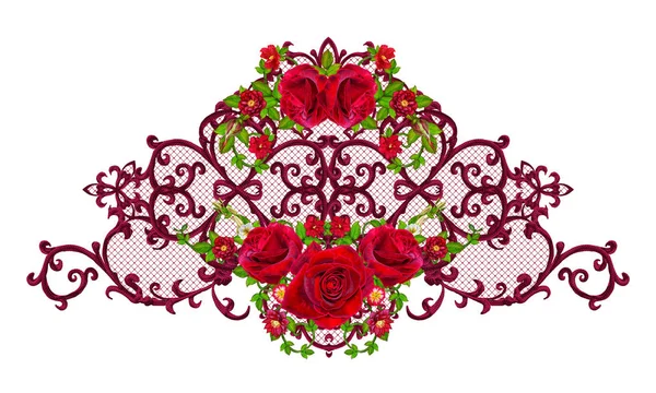 Ανατολίτικο στυλ αραβουργήματα. Λαμπρή δαντέλα, στυλιζαρισμένα λουλούδια. Διάτρητο ύφανση λεπτή. Γιρλάντα από σκούρο βελούδινη κόκκινα τριαντάφυλλα. Αλοιφώδη υφή μπούκλες, στοιχείο décor. — Φωτογραφία Αρχείου
