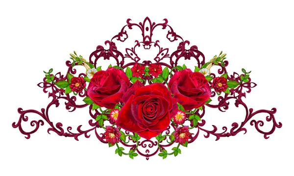 Oryantal tarzı Arabesk. Parlak dantel, stilize çiçekler. Ajur hassas dokuma. Garland karanlık kadife kırmızı gül. Scarlet doku bukleler, dekor öğesi.