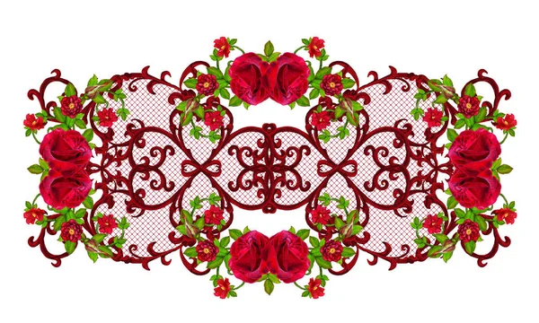 Oriental style arabesques. Brilliant lace, stylized flowers. Openwork weaving delicate. Garland of dark velvet red roses. Scarlet texture curls, decor element. — Stock Photo, Image