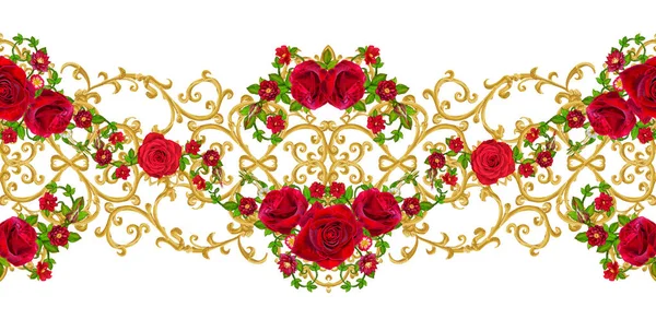 黄金の質感カール。オリエンタル スタイル アラベスク。華麗なレース、様式化された花です。繊細な織りの透かし彫り。ベルベットの赤いバラのガーランド。水平方向のシームレス花柄. — ストック写真