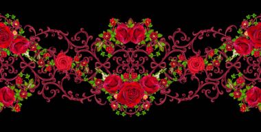 Kırmızı siyah dantel, dokuma, Ajur bukleler. Garland karanlık kadife kırmızı gül. Ajur hassas dokuma. Yatay sorunsuz çiçek desenli.