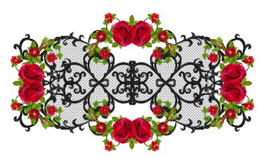 Siyah dantel, dokuma, Ajur bukleler. Garland karanlık kadife kırmızı gül. Hassas dokuma Ajur. 