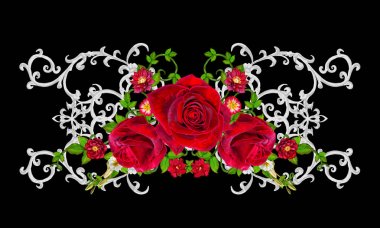 Gümüş dantel, dokuma, Ajur bukleler. Garland karanlık kadife kırmızı gül. Hassas dokuma Ajur. 