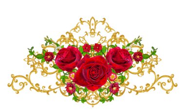 Altın dokulu bukleler. Oryantal tarzı Arabesk. Parlak dantel, stilize çiçekler. Ajur hassas dokuma. Garland karanlık kadife kırmızı gül.