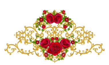 Altın dokulu bukleler. Oryantal tarzı Arabesk. Parlak dantel, stilize çiçekler. Ajur hassas dokuma. Garland karanlık kadife kırmızı gül.