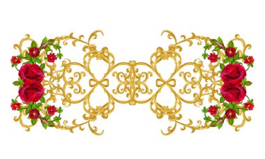 Altın dokulu bukleler. Oryantal tarzı Arabesk. Parlak dantel, stilize çiçekler. Ajur hassas dokuma. Garland karanlık kadife kırmızı gül.