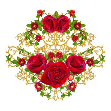 Altın dokulu bukleler. Oryantal tarzı Arabesk. Parlak dantel, stilize çiçekler. Ajur hassas dokuma. Garland karanlık kadife kırmızı gül.