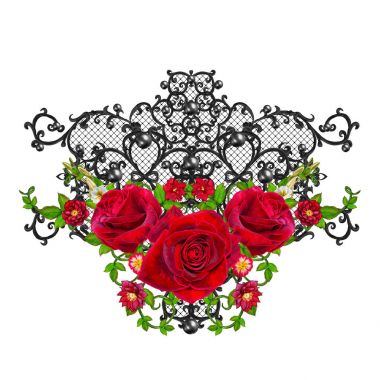Siyah dantel, dokuma, Ajur bukleler. Garland karanlık kadife kırmızı gül. Hassas dokuma Ajur. 
