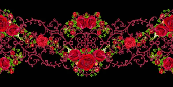 스 칼 렛 블랙 레이스, openwork 직물, 컬 한다. 어두운 벨벳 빨간 장미의 화 환입니다. 비쳐 섬세 한 직물입니다. 가로 이음매 없는 꽃 패턴. — 스톡 사진