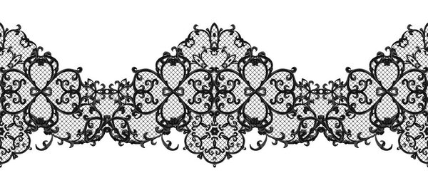 Black lace, openwork weaving, curls. Openwork weaving delicate. Horizontal seamless floral pattern.