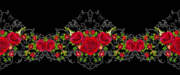 Black lace, openwork weaving, curls. Garland of dark velvet red roses. Openwork weaving delicate. Horizontal seamless floral pattern. — Stock Photo, Image