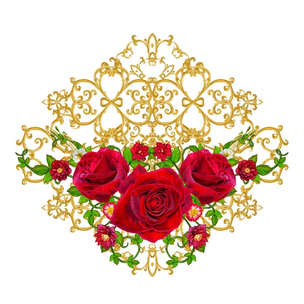 Χρυσή ανάγλυφη μπούκλες. Ανατολίτικο στυλ αραβουργήματα. Λαμπρή δαντέλα, στυλιζαρισμένα λουλούδια. Διάτρητο ύφανση λεπτή. Γιρλάντα από σκούρο βελούδινη κόκκινα τριαντάφυλλα. — Φωτογραφία Αρχείου