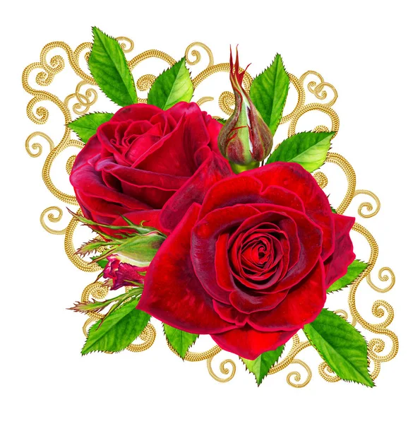 꽃 구성입니다. 아름 다운 벨벳 검정 붉은 장미와 녹색 잎의 꽃 봉 오리. 흰색 배경에 고립. — 스톡 사진