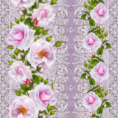 Dikey çiçek sınır. Desen, sorunsuz. Eski stil. Narin pembe güller, tomurcuklar çiçek çelenk. Gümüş parlak Ajur bukleler, dantel, pastel Mozaik, dokuma.