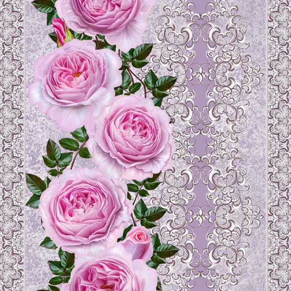 Vertical floral border. Pattern, seamless. Old style. Flower garland of delicate pink roses, buds. Silver shiny openwork curls, lace, pastel mosaic, weaving.