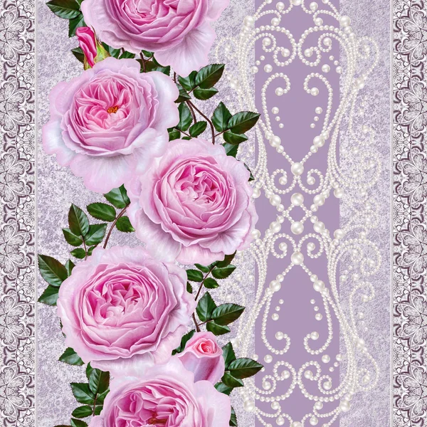 Frontera floral vertical. Patrón, sin costuras. Estilo antiguo. Guirnalda de flores de rosas rosadas delicadas, brotes. Plata brillante calado rizos, encaje, mosaico pastel, tejido . —  Fotos de Stock