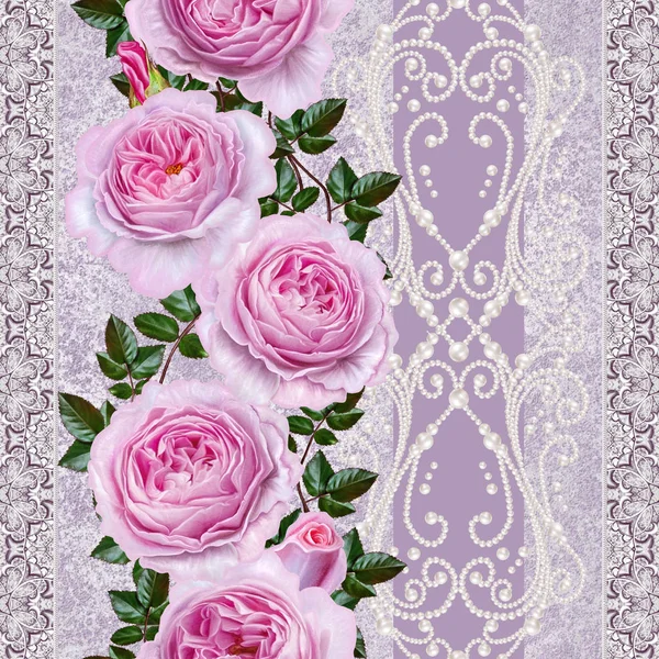 Bordo floreale verticale. Schema, senza soluzione di continuità. Alla vecchia maniera. Ghirlanda floreale di delicate rose rosa, boccioli. Argento lucido riccioli traforati, pizzo, mosaico pastello, tessitura . — Foto Stock