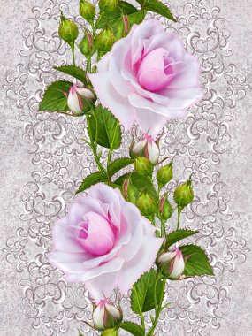 Dikey çiçek sınır. Desen, sorunsuz. Eski stil. Narin pembe güller, tomurcuklar çiçek çelenk. Gümüş parlak Ajur bukleler, dantel, pastel Mozaik, dokuma.