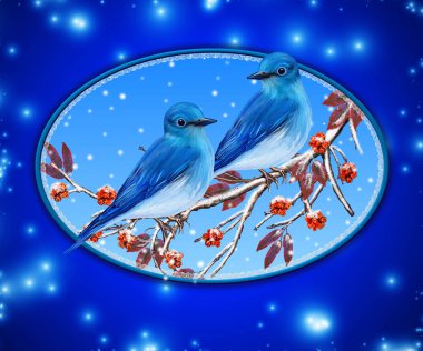 Noel tebrik kartı. İki parlak kuş şakrak kuşu kuş oturan bir şube, kar, kırmızı meyveler.