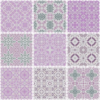 Elle çizilmiş sorunsuz patchwork desen. Vintage boho tarzı dekoratif elemanları ile. Kare şekli, Ajur dokuma, oryantal motifi.